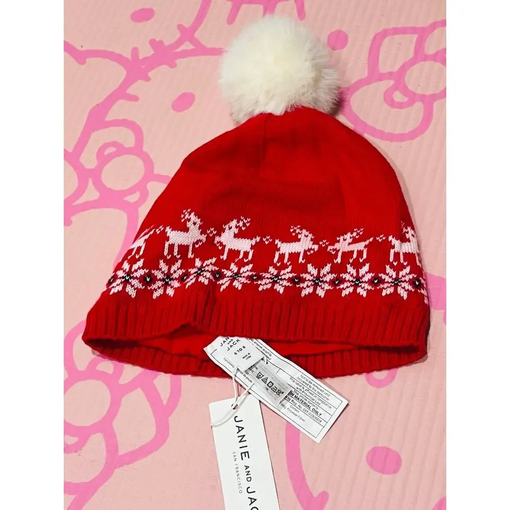 NWT❤️Janie and Jack Reindeer Fair Pom Beanie sz6/8